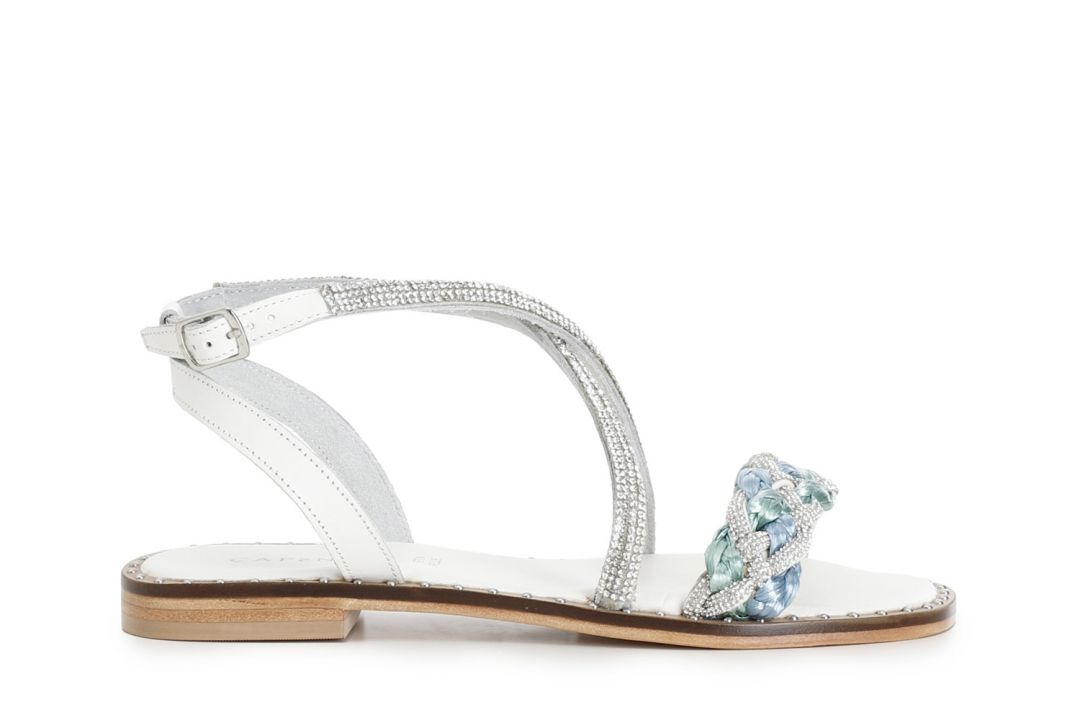 sandals with crossover rhinestone straps with rhinestones and raffia