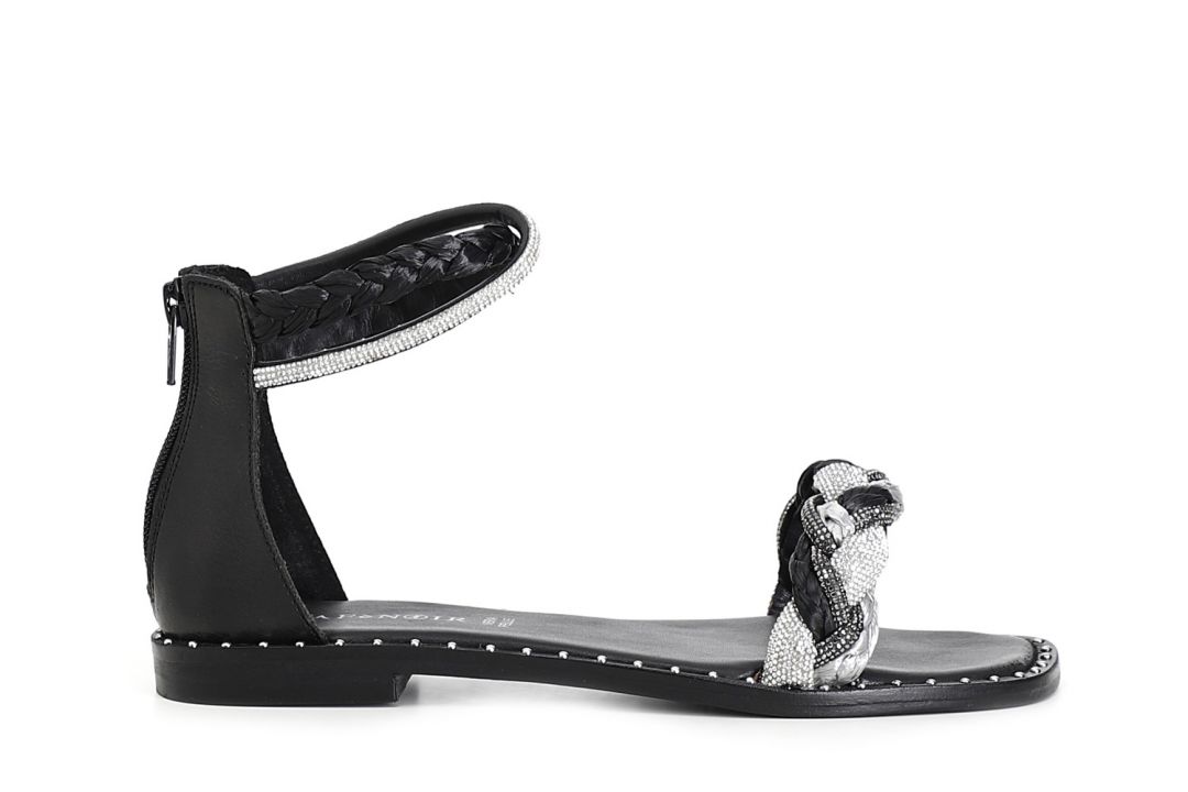 closed back sandals with zipper, rhinestones and raffia