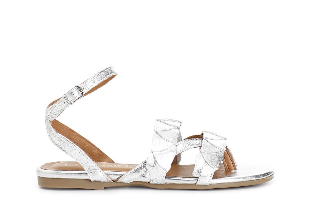 metallic leather flip flop sandals with ankle strap silver