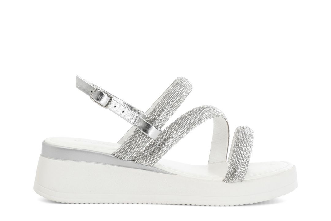 asymmetrical sandals with rhinestones silver