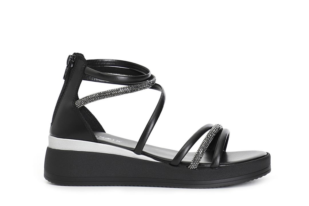 asymmetrical sandals with reinforced heel and rhinestones black
