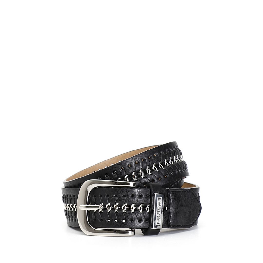 belt with threaded central chain and metal logo plate